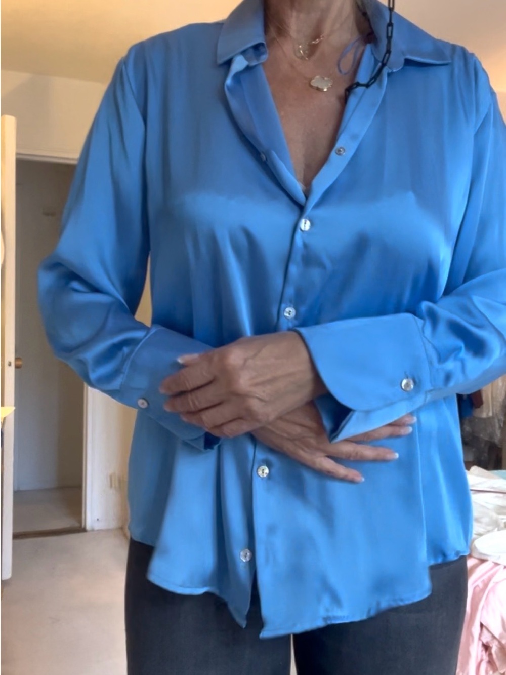 Zara satin effect blouse top .
Blue Satin Button-Up Women's Shirt size S